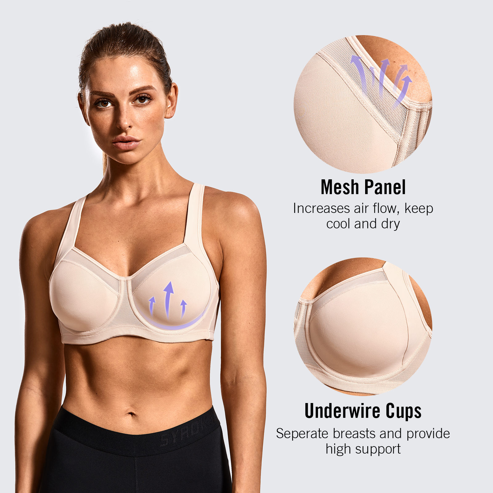 Syrokan High Impact Underwire Powerback Running Sports Bra Grey 38DD