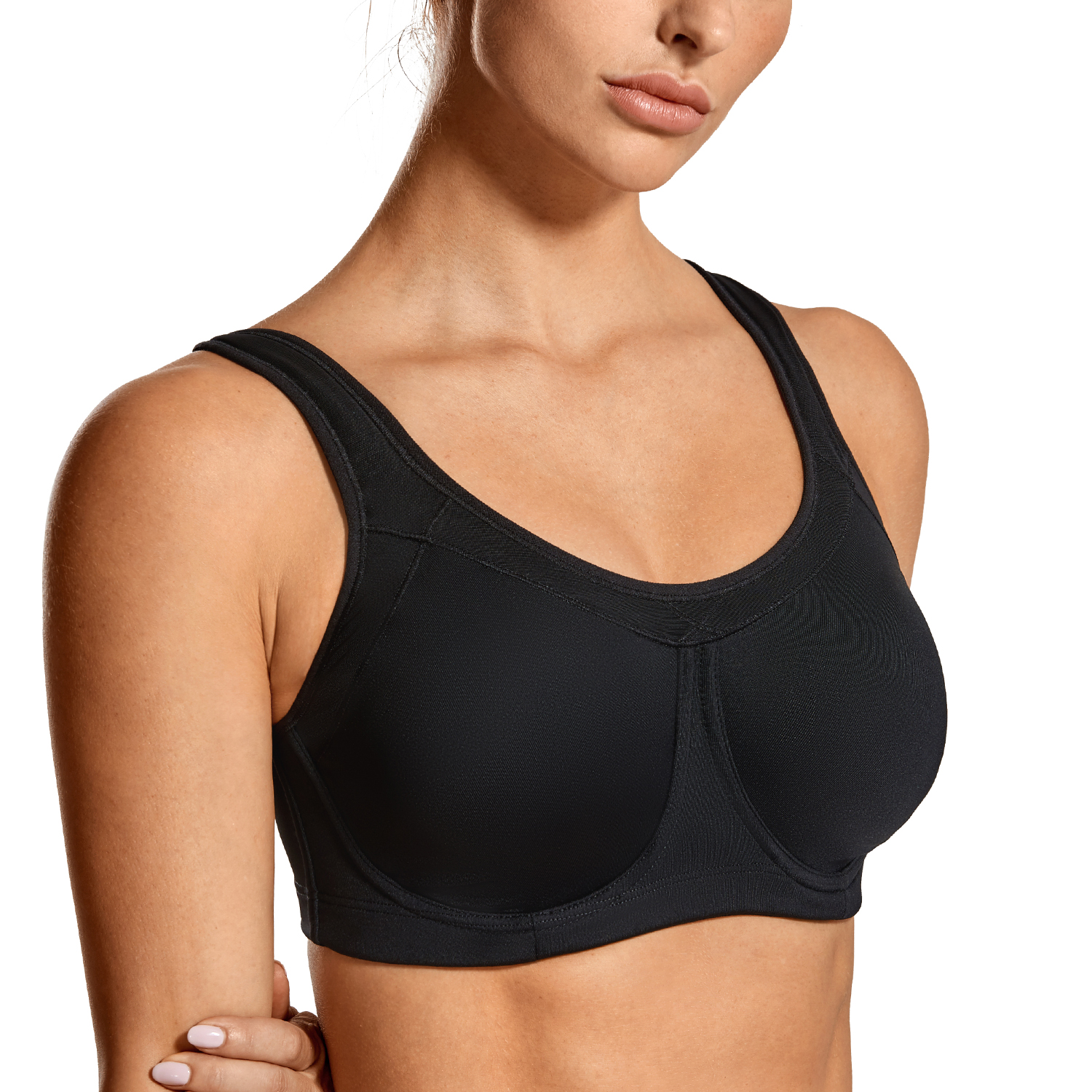 SYROKAN Women's High Impact Support Wirefree Bounce Control Plus Size  Workout Sports Bra Black/Grey-1