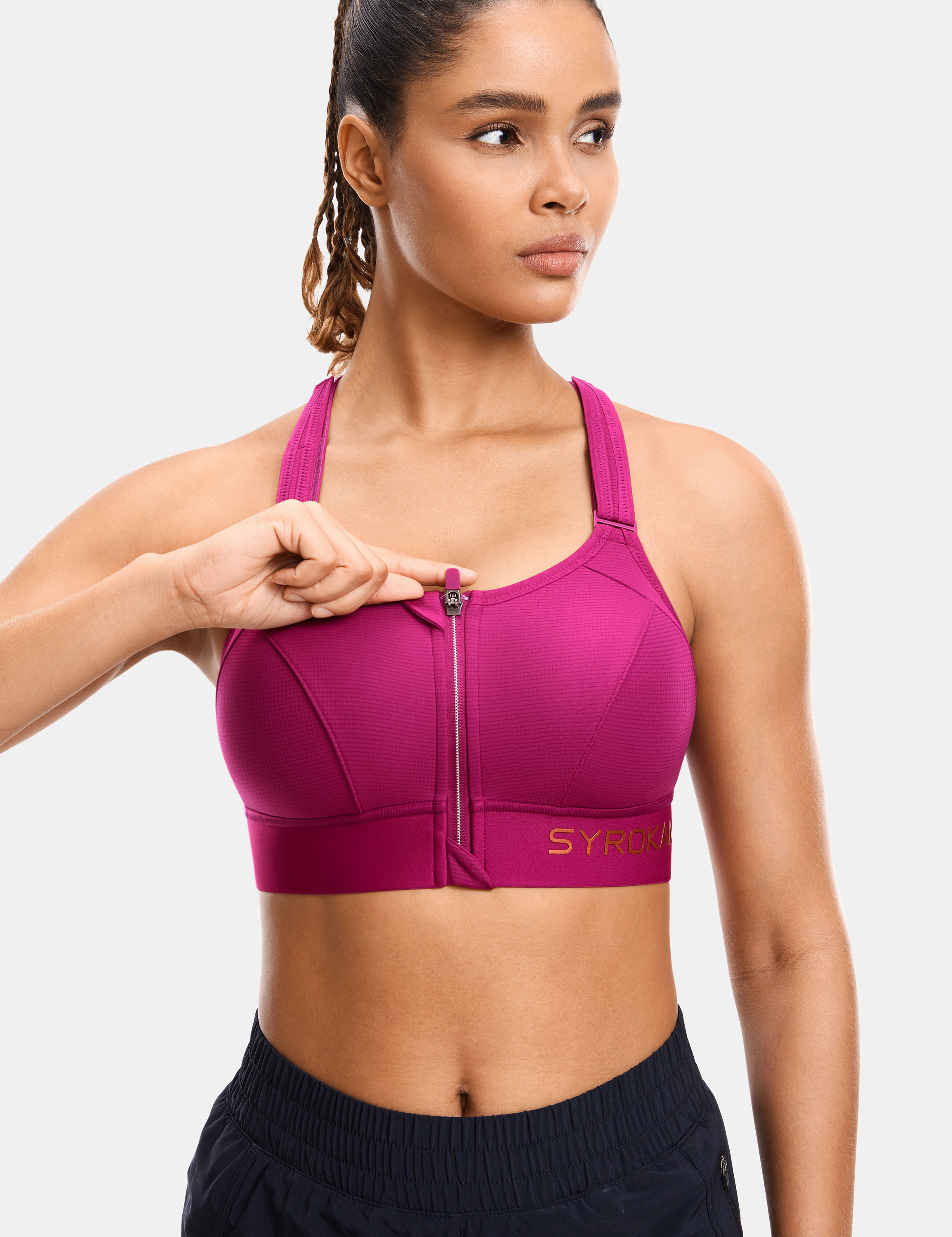 SYROKAN Womens' Sports Bra High Impact Support Zip Front