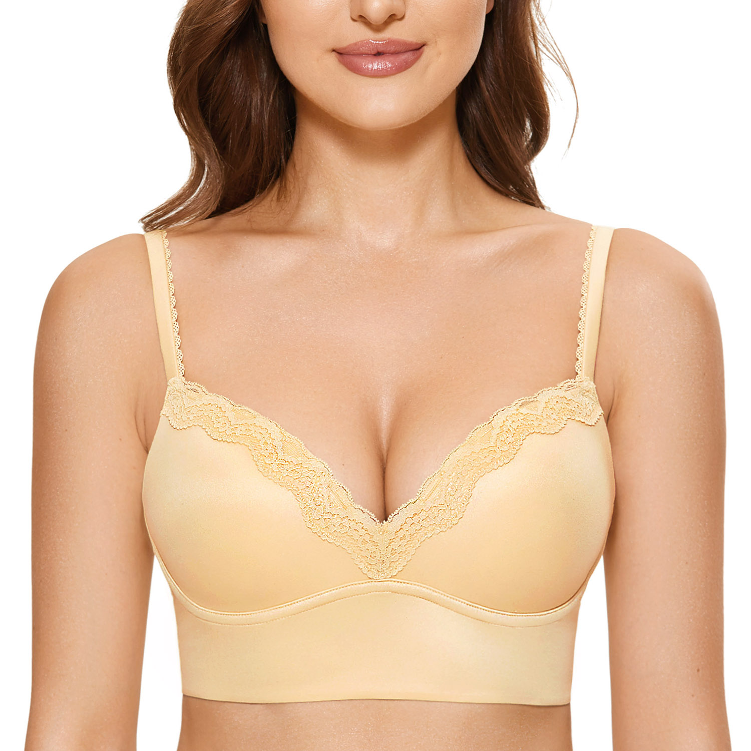 Front Closure&Wide Straps Longline Wireless Glossy Cup Push Up Bra