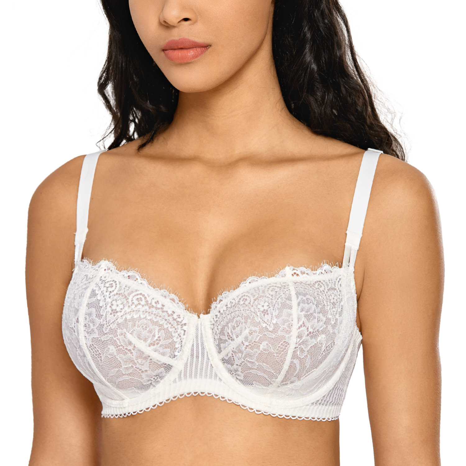 Womens Sexy Lace Bra Underwire Balconette Unlined Demi Sheer Plus Size  Ivory 36B