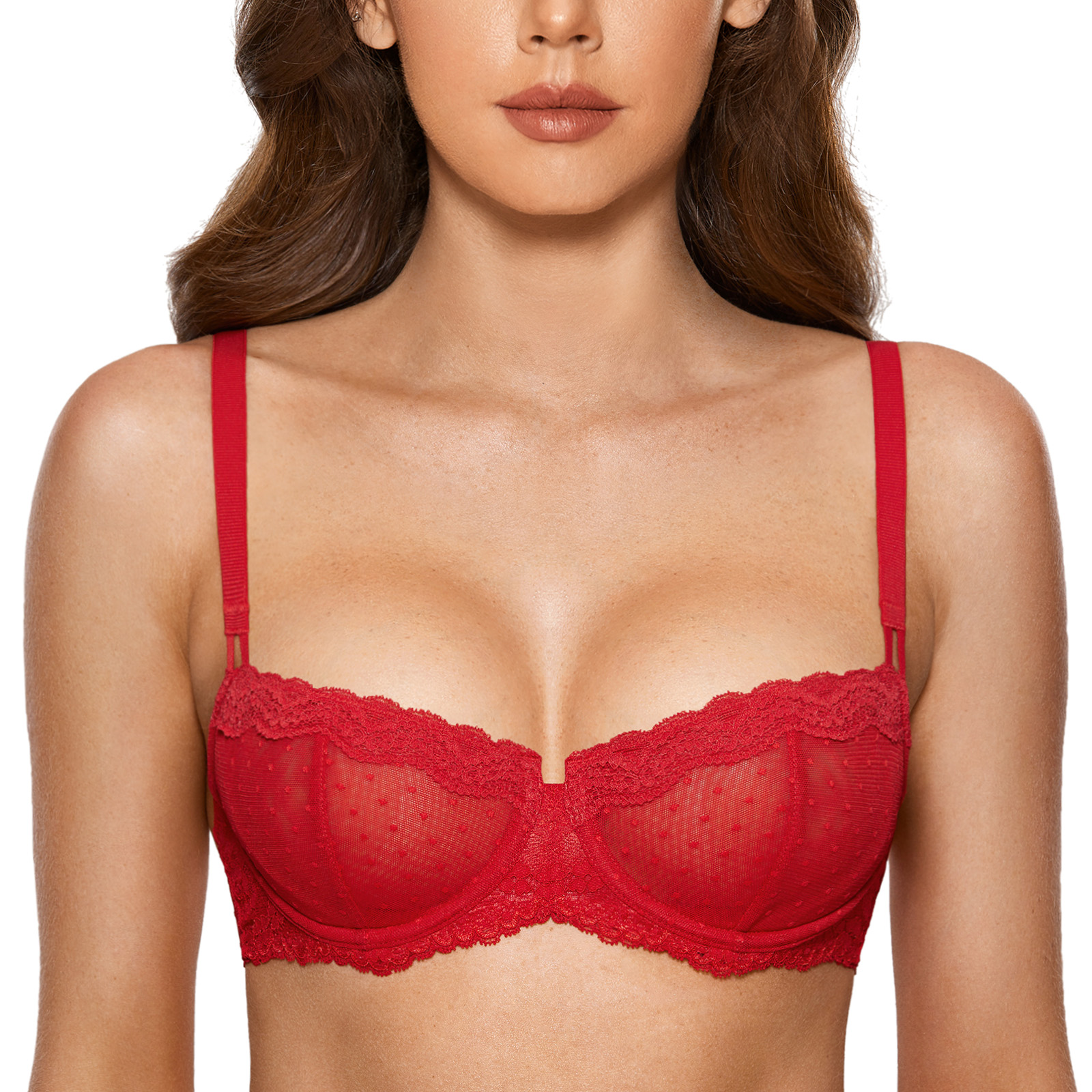 DOBREVA Women's Balconette Bra Floral Sheer Lace Unlined Underwire Push Up  Rose Brown 38D - ShopStyle