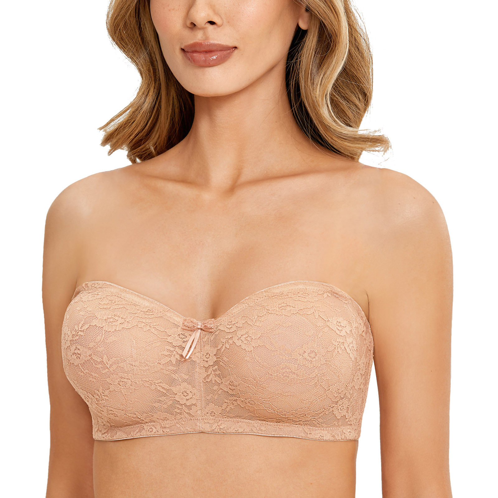 DOBREVA Women's Strapless Floral Lace Bra Mini Bustier Longline Lightly  Lined Underwire Beige 32A at  Women's Clothing store
