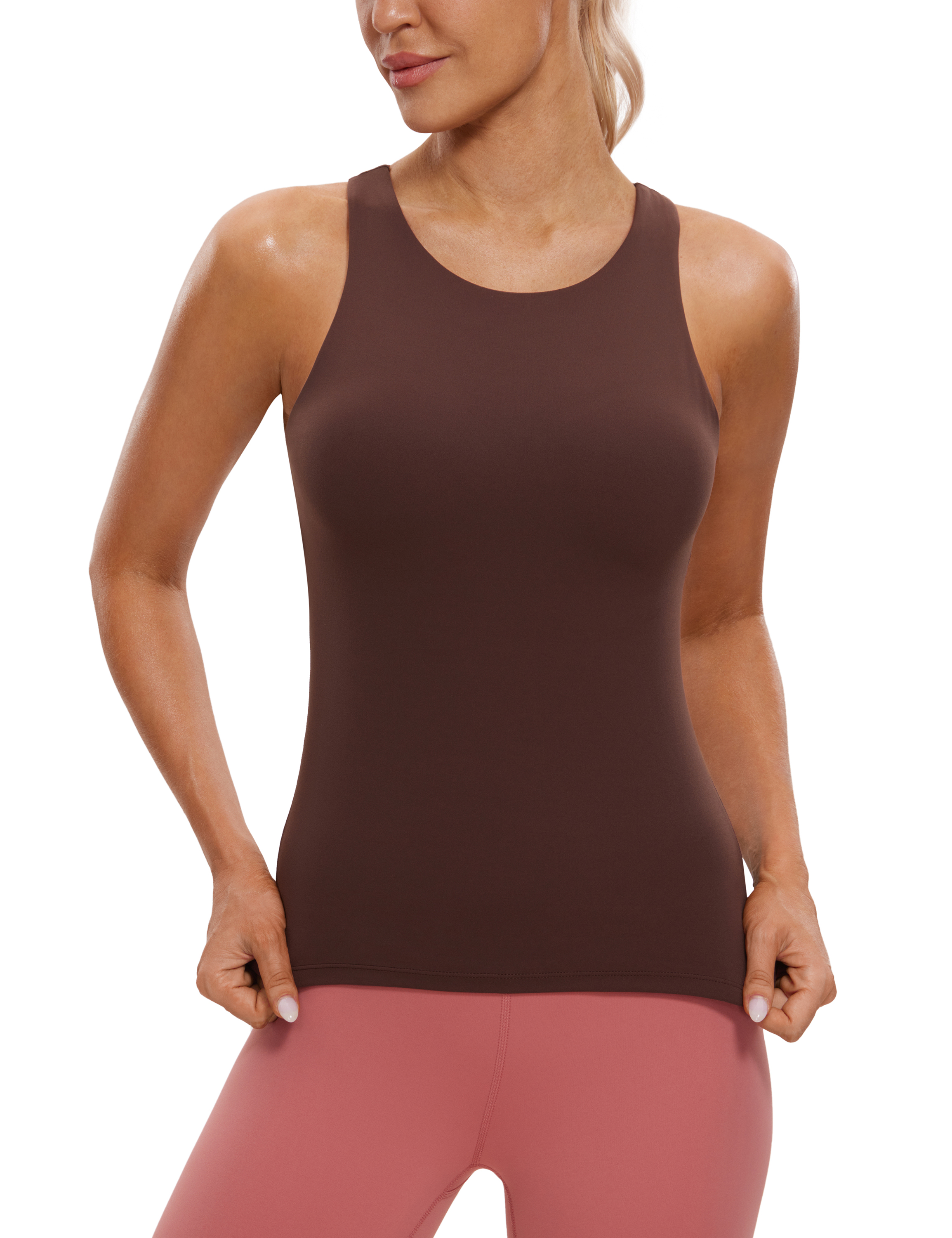 CRZ YOGA Butterluxe Womens Waist Length Built in Bra Tanks Tops High Neck