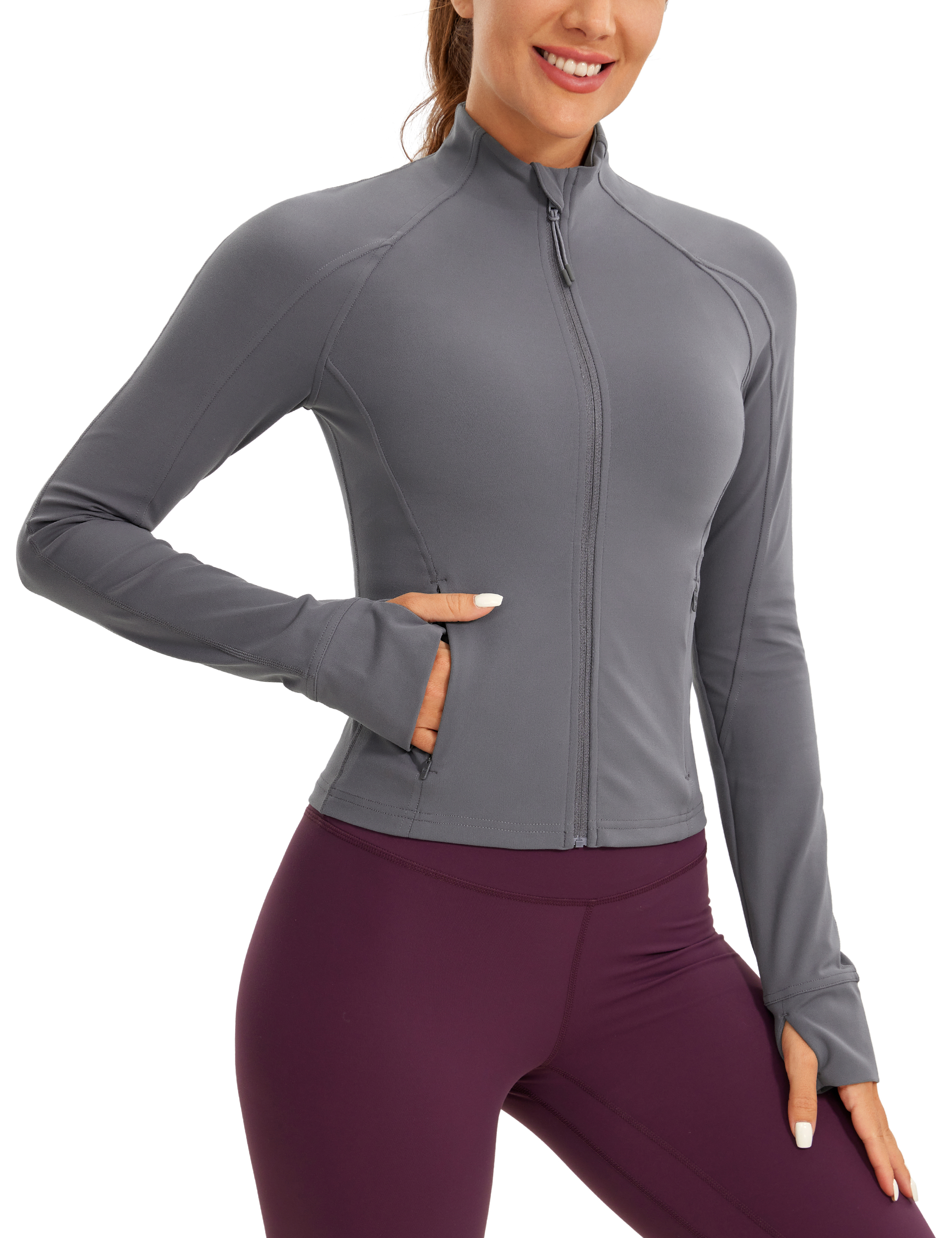 CRZ YOGA Butterluxe Womens Waist-Length Workout Full Zip Jacket with Thumb  Holes 