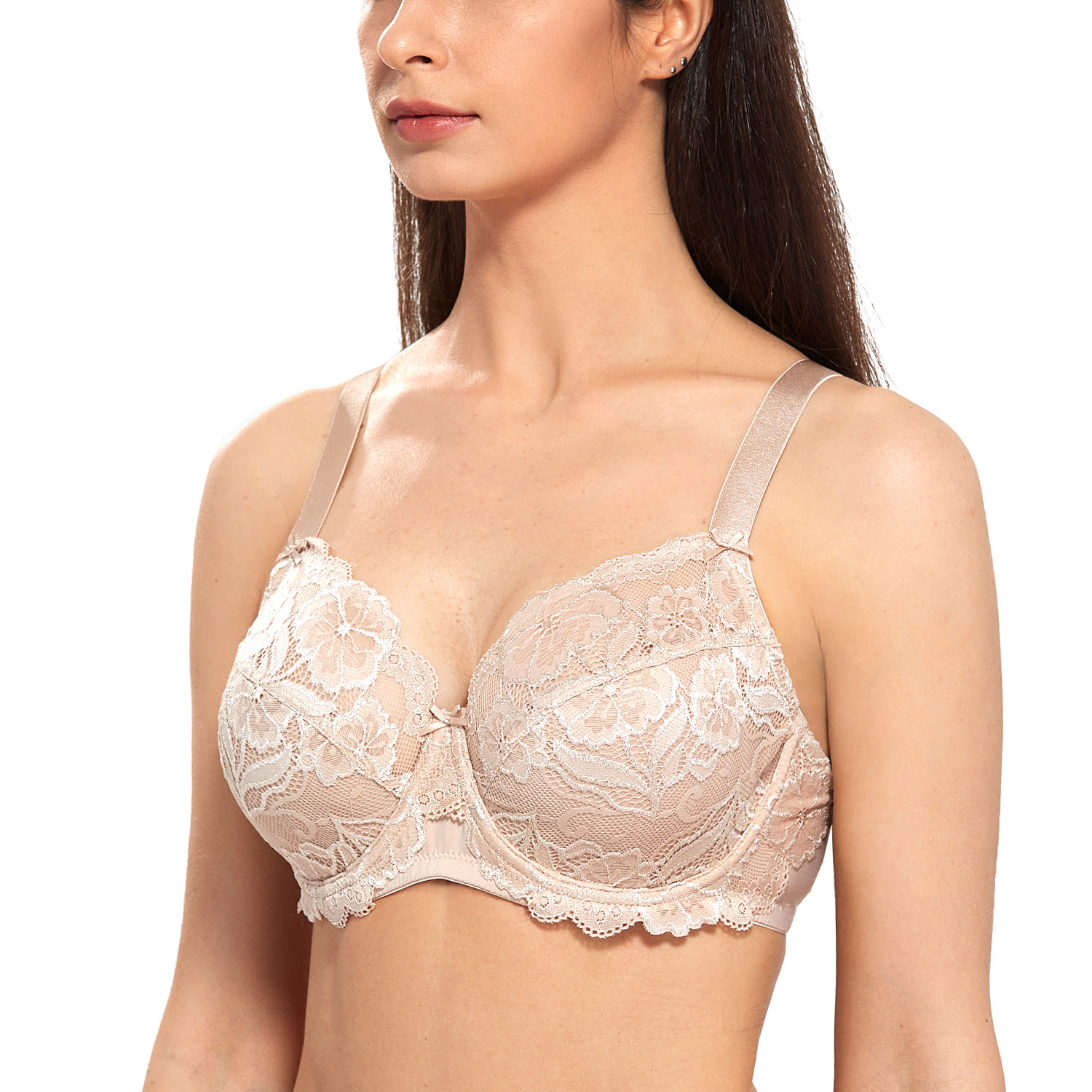 Under-Wired Plus Size Bra Elegant Floral Lace Thin Span Padding Cup C/D 36-44  Skin-friendly Soft Breathable Material