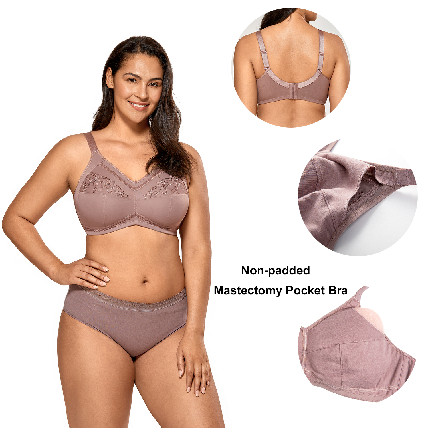 Womens Plus Size Cotton Pocket Bra Soft Mastectomy Bras Breathable Big  Breast Wirefree Post Surgery Bra (Color : Gray, Size : 80/36B)