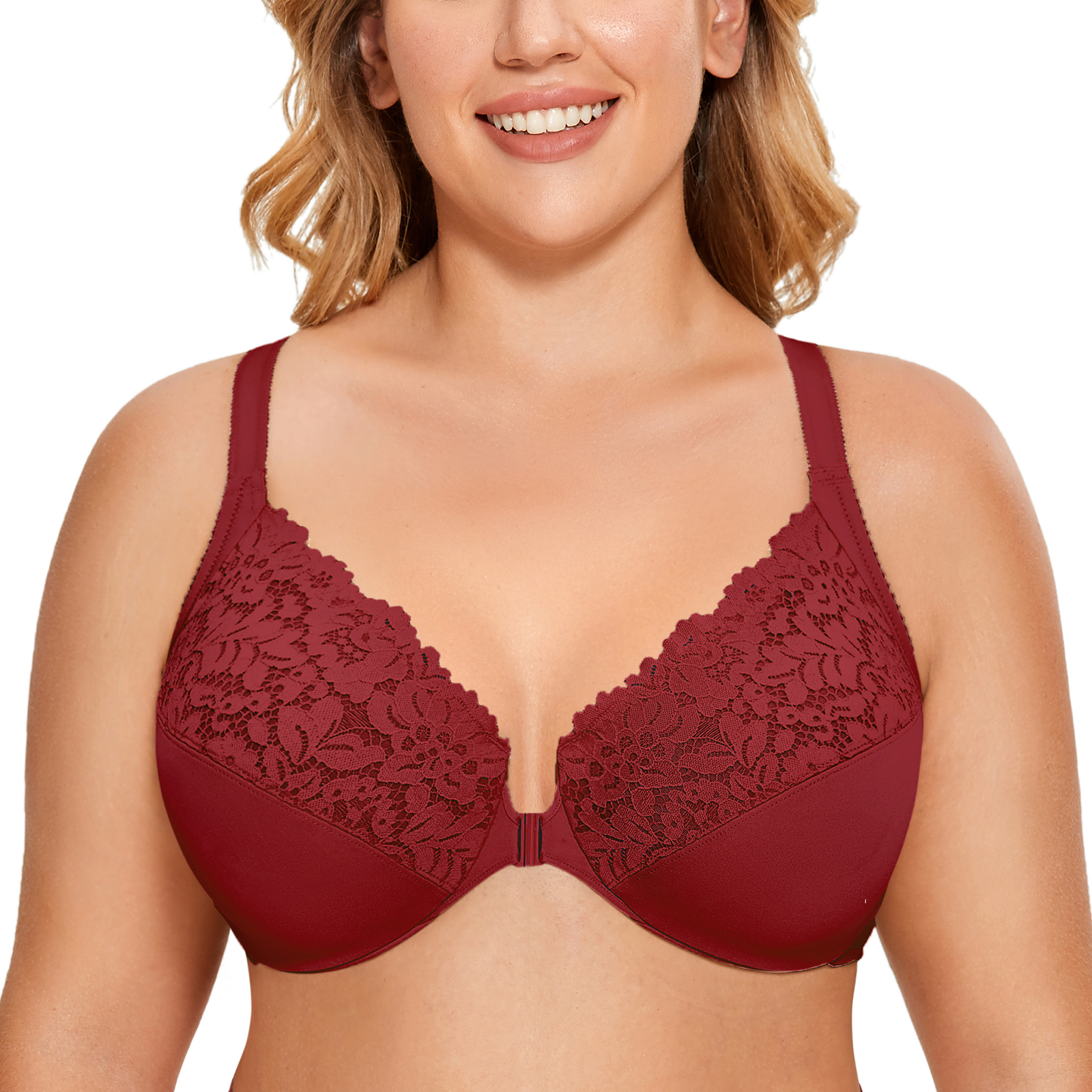 DELIMIRA Women's Front Closure Plus Size Full Coverage Lace Underwire  Racerback Bra : : Clothing, Shoes & Accessories